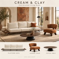 Ensemble de meubles modernes crème et terre cuite sur mesure pour toute la maison : canapé plateforme, table à manger ronde, chaises et lit rembourré