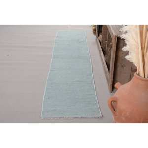 Tapis Turc Vintage Moderne 1.8X9.5 pieds Bleu Patchwork Design Laine Matériau Plat Tissage Technique pour Décorations de Salon - Product Image 2