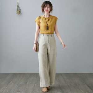 Pantalones de lino de cintura alta de alta calidad para mujer, pantalones de pierna ancha, pantalones largos elásticos de lino con espalda larga, pantalones de verano y otoño - Product Image 1