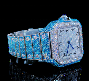 Reloj de Diamantes de Color Azul y Blanco Personalizado, Cuadrado, Estilo Rapero Árabe, Correa de Acero Inoxidable con Cristales, Edición Limitada Deportiva y de Moda Antigua - Product Image 2