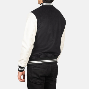 Veste Vaxton Hybrid Varsity à rayures noires, manches en cuir brodé et satiné, col montant, manteau d'hiver teint OEM de style vintage - Product Image 5