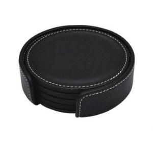 Custom Logo Luxury PU Leather Round Shape <b>Coasters</b> <b>Drink</b> 4 <b>Coasters</b> Set - Product Image 1
