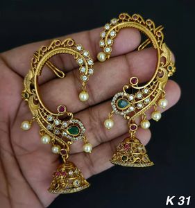 Designer Traditional Temple Elegant Ear <b>Cuff</b> <b>Earrings</b> with Jhumka & Pearl Drops | Gold Plated CZ Stone Indian Jewelry for Women - Product Image 2