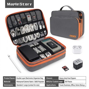 Sac de rangement numérique portable prêt à être expédié, organisateur de voyage double couche pour appareils électroniques, faible MOQ, logo personnalisé, pochette pour câbles - Product Image 1