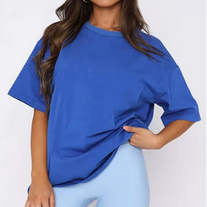 Ropa informal de algodón de 180 gramos para mujer, camiseta de gran tamaño con estampado bordado, camisetas lisas de estilo informal holgadas largas con hombros caídos - Product Image 4