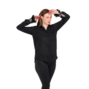Modern Chic Black Women's Elegant Casual Office <b>Party</b> Wear Long-Sleeve Button-Up Lace Cuffs <b>Shirt</b> Ruffles Embellishment Beading - Product Image 5