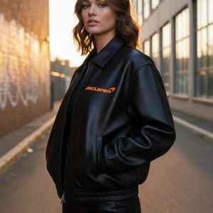 Chaqueta Bomber Extra Grande McLaren en Negro con Patrón 3D Decorado Estilo Carreras F1 Cuero Vacuno Talla XS Suministro ODM - Product Image 1