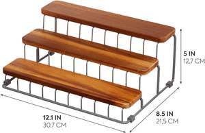 Ria Safford Collection Acacia <b>Wood</b> and Wire Three Organizer, 12" X 8.5" X 5", 3 Tier Spice <b>Rack</b> - Product Image 2