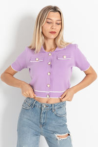 Woman Knitwear Crop Cardigan <b>Short</b> <b>Sleeve</b> Buttoned Polo Neck Custom <b>Knitting</b> Elastic Cardigan ODM OEM Services - Product Image 3
