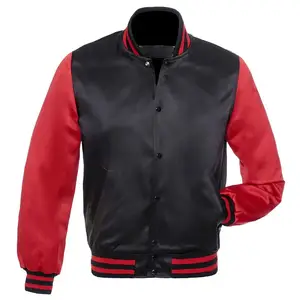 红黑定制批发团队莱特曼高品质时尚男士冬季校队轰炸机冬季夹克100% 缎面套头衫