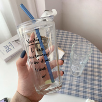 Ins Style Bleu Noir Blanc Lettre Impression Sippy Cup Water Tumbler Tasse en verre avec couvercle et paille