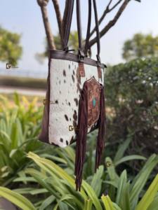 New Designer <b>Women</b> Cowhide Fur Fringe Tote <b>Bag</b> Stylish Lather Purse Hair on Hide Carving Hand Tooled <b>Bags</b> for Multi Use - Product Image 2