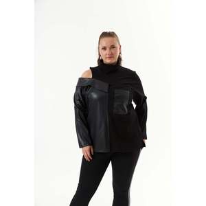 Sweat-shirt noir grande taille avec bordure en cuir - Product Image 1