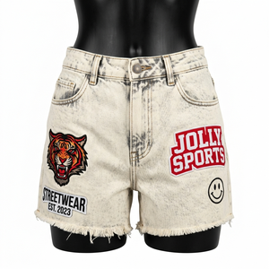 Shorts de mezclilla premium con lavado ácido, 380 GSM, algodón grueso, estilo urbano, dobladillo sin rematar, logo de chenilla, shorts de mezclilla para mujer con lavado ácido - Product Image 5