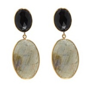 Pendientes de labradorita y Gema de ónix negra, Plata de Ley 925, forma ovalada, novedad - Product Image 1