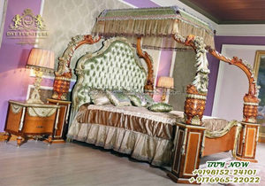 Lit Royal Queen au fini doré, lit au fini doré Antique avec tables de nuit, meuble de chambre en bois sculpté à la main de taille King - Product Image 6