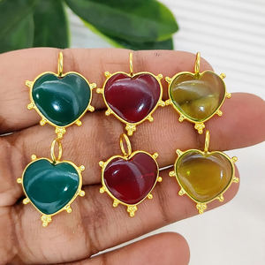 Pendentif en forme de cœur en argent sterling 925 plaqué or, serti de pierres précieuses fantaisie, fait à la main, breloques en forme de cœur de 14 mm, fournisseurs de bijoux en gros indiens - Product Image 6