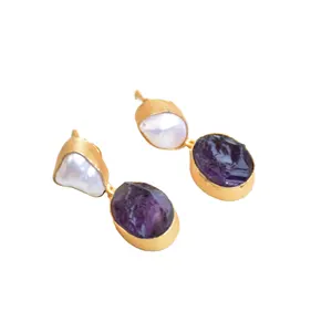 Raw natural gemstone Amethyst drop earrings small Jewelry models Pearl With Semi-Precious stone dangle earring studs Gold plated
