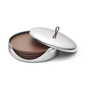 Soporte de metal de alta demanda con posavasos de cuero Forma redonda Niquelado Color marrón Nogal Perfectamente diseñado Lujo duradero - Product Image 1