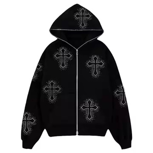 Sweat à capuche zippé pour homme, coupe classique, avec strass scintillants en forme d'étoiles, hiver, uni, teinture unie, poids lourd, polaire 350 g/m², best-seller - Product Image 3