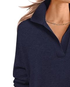 <b>Women</b> <b>Navy</b> <b>Blue</b> V Neck Knit Sweater Long Sleeve Loose Fit Soft Winter Pullover Casual Elegant Daily Wear Top <b>For</b> <b>Women</b> Trend - Product Image 3