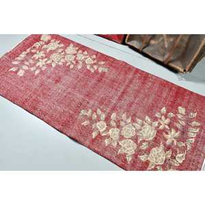 Turkish Vintage Accent Rug 3.1x6.8 ft, <b>Red</b> <b>Wool</b> Rug - Product Image 4