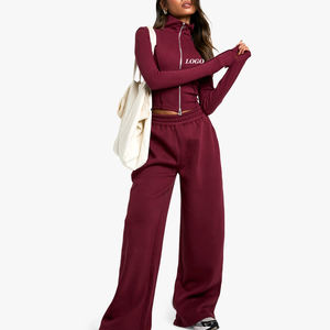 Ensemble de survêtement élégant pour femme, coupe ajustée, prix avantageux pour les acheteurs en gros 2026 – Haut court à col montant et pantalon droit à jambes larges - Product Image 1