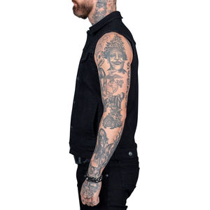 Washed <b>Black</b> Denim <b>Vest</b> Sleeveless Casual Autumn Breathable Outerwear with Horn Button Closure and Pocket Detailing - Product Image 3