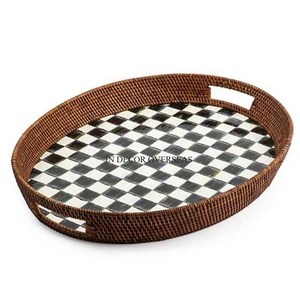 Conjunto de diseño de arte creativo moderno de 3 artículos de comida de forma rectangular hechos de madera de ratán de alta calidad que sirven bandejas de lujo de la India - Product Image 3