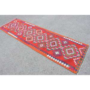 Alfombra Kilim turca Vintage de 32x106 pies, diseño de retazos rojo y verde, Material de lana con respaldo de látex para entrada, habitación de adolescentes - Product Image 4