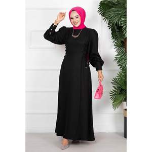 Custom Designed Black Linen Hijab <b>Abaya</b> Dress with Side Ties Modest Muslim Evening Wear for Winter in Sizes XS 6XL XXL - Product Image 4