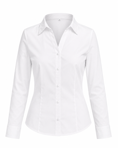 เสื้อเชิ้ตยูนิฟอร์มพนักงานต้อนรับบนเครื่องบินมืออาชีพ สีขาว ผ้าฝ้าย 65% โพลีเอสเตอร์ 35% แขนยาว สำหรับใส่คู่กับเสื้อกั๊กและสูท - Product Image 1
