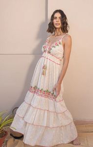 OEM de alta calidad de cuello en V sin mangas vestido bohemio vacaciones Maxi vestido suelto de verano de lujo colocación bordado vestido para las mujeres - Product Image 4