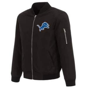 Veste de baseball universitaire personnalisée pour homme, style Letterman, noire, avec imprimé graphique triangulaire des Detroit Lions, en satin, entièrement boutonnée - Product Image 1