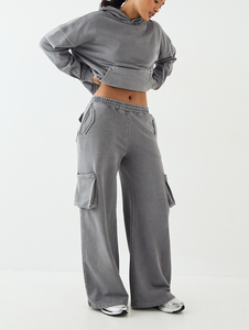 Survêtement pour femme en coton lourd de taille européenne, poches cargo, motif imprimé vintage, délavé, décontracté, jogging - Product Image 5