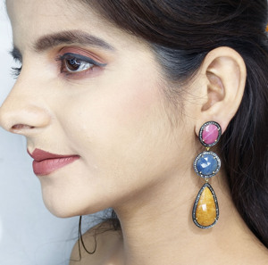 Reyes พลอยสีฟ้าและทับทิมที่สวยงามต่างหูวิคตอเรียสุดหรูทอง14K 925เงินเครื่องประดับเพชรธรรมชาติสำหรับผู้หญิง - Product Image 6