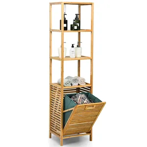 ANYO Bathroom Storage Rack Bamboo Wooden Laundry Cloth Hamper Basket Rack with Storage