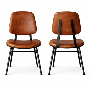 Silla de Comedor de Cuero Genuino con Respaldo de Madera Maciza, Asiento Industrial para Restaurante, Estructura Metálica Vintage, Mueble de Contrato, No Plegable - Product Image 3