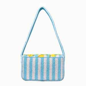 Bolso de hombro de lujo hecho a mano con estampado de limones y cuentas para mujer, bolso tipo baguette con solapa a rayas azul claro para vacaciones de verano. - Product Image 3