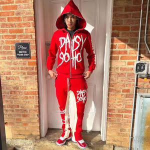 Ensemble de survêtement deux tons Y2K Streetwear OEM pour hommes, avec pantalon de jogging évasé et sweat à capuche, imprimé graphique en relief, vêtements de fournisseur - Product Image 4