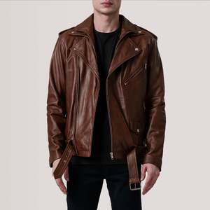 Chaqueta de Motociclista Doble de Piel de Oveja Genuina Kole, Marrón Encerado, Reversible, con Cierre de Cremallera, Impermeable, Talla XL, Suministro ODM - Product Image 1
