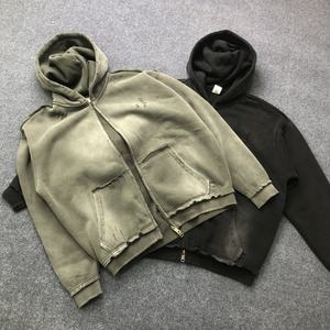400 GSM lavage à l'acide en détresse sweat à capuche zippé pour hommes Style lourd épais doux chaud décontracté Streetwear superposition sweat - Product Image 4