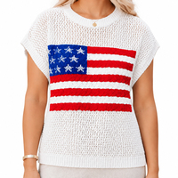 Pull en Coton Doux Personnalisé pour Femme, Motif Drapeau Américain, Tricot Câblé, Manches Courtes, Col Rond Ouvert, Style Vintage Preppy, Usage Quotidien, Vente en Gros