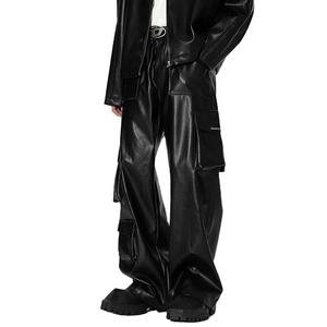 กางเกงหนังผู้ชายยาวถึงพื้นกางเกงทรงตรงลำลองทรงหลวมสีล้วนมีกระดุม - Product Image 4