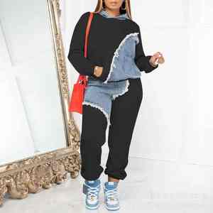 Conjuntos de dos piezas para mujer, chándal, pantalones vaqueros de otoño, Top con capucha empalmado, sudaderas, pantalones Jogger de bolsillo, traje suelto para mujer, señora de oficina - Product Image 6