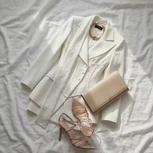 Ensemble tailleur élégant D&M pour femme, nouvelle collection Printemps 2026, col licou, patchwork dentelle, polyester anti-plis, manches longues, longueur au-dessus du genou - Product Image 2