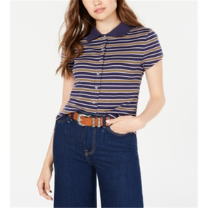 Polo da donna Planet Gold a righe blu, con bottoni frontali, in maglia di spandex traspirante, lunghezza corta, taglia L, con logo - Product Image 1