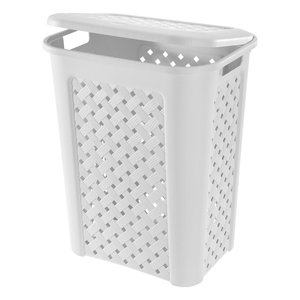 Arianna Plastic <b>Laundry</b> Basket 50L White Woven Design With Lid For Home Use - Product Image 1