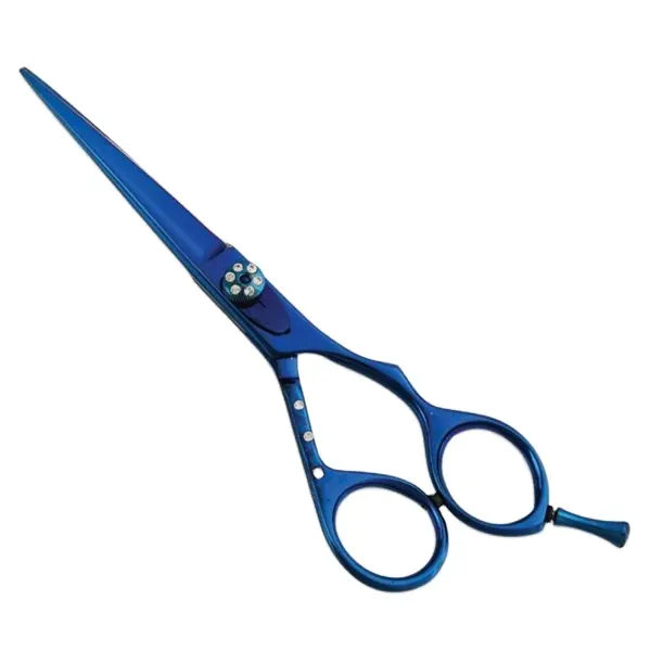 पेशेवर नाई बाल काटने नीले रंग लेपित दुकान के लिए उच्च गुणवत्ता वाले स्टेनलेस स्टील J2 सामग्री कैंची कैंची