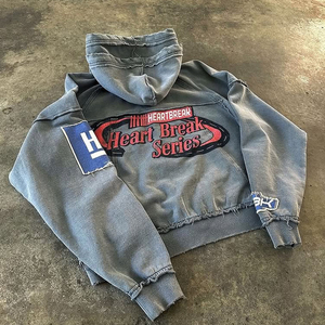 2025 baru modis OEM antik Kelim mentah berjumbai Distressed tambalan bordir cetak balap lapisan ganda Hoodie Denim pria - Product Image 5